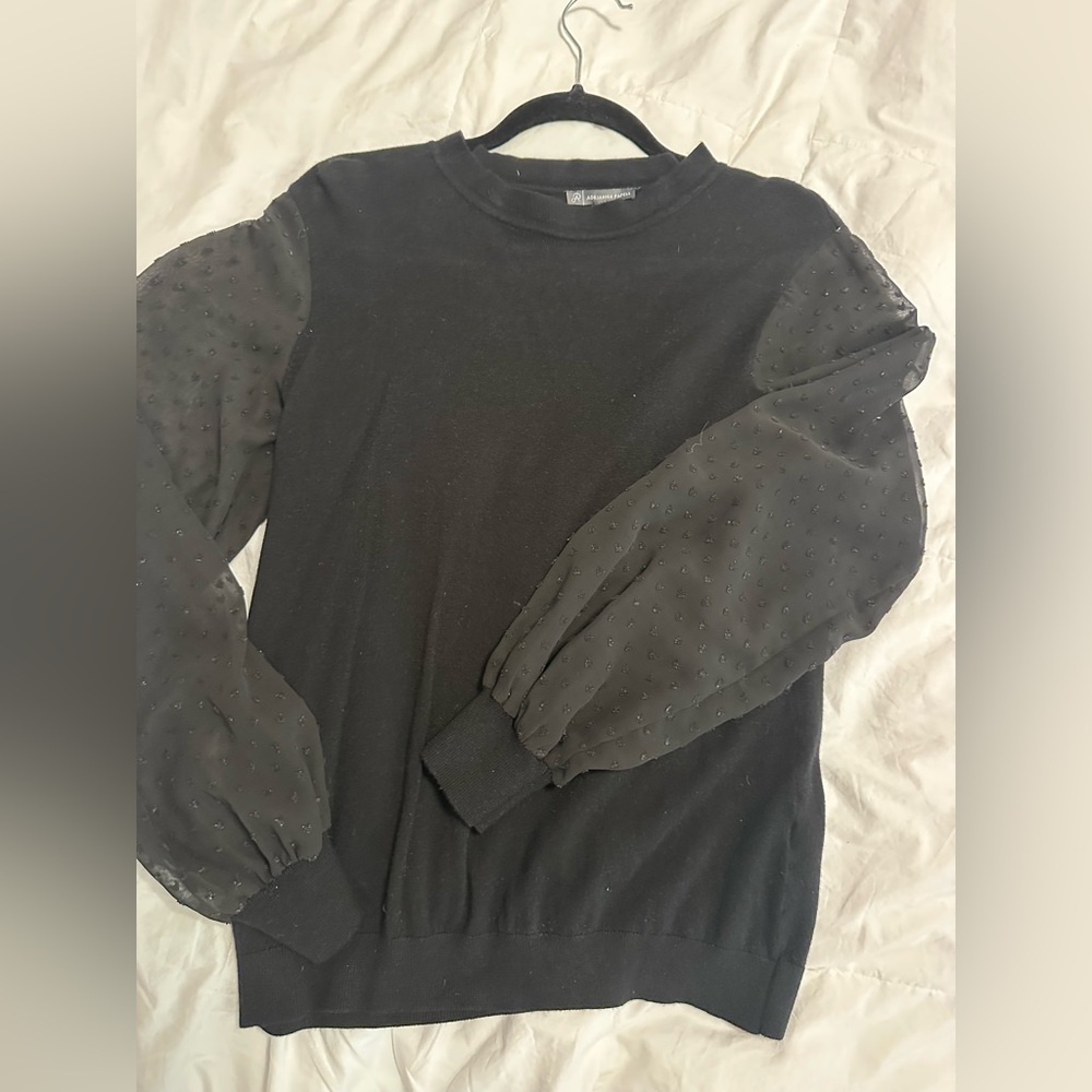 Adrianna Papell Black Crewneck Sweater with Textured Sleeves